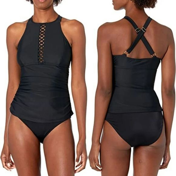 *NWT* Coastal Blue High Neck Lattice Cut out Front Tankini Top - Picture 1 of 5